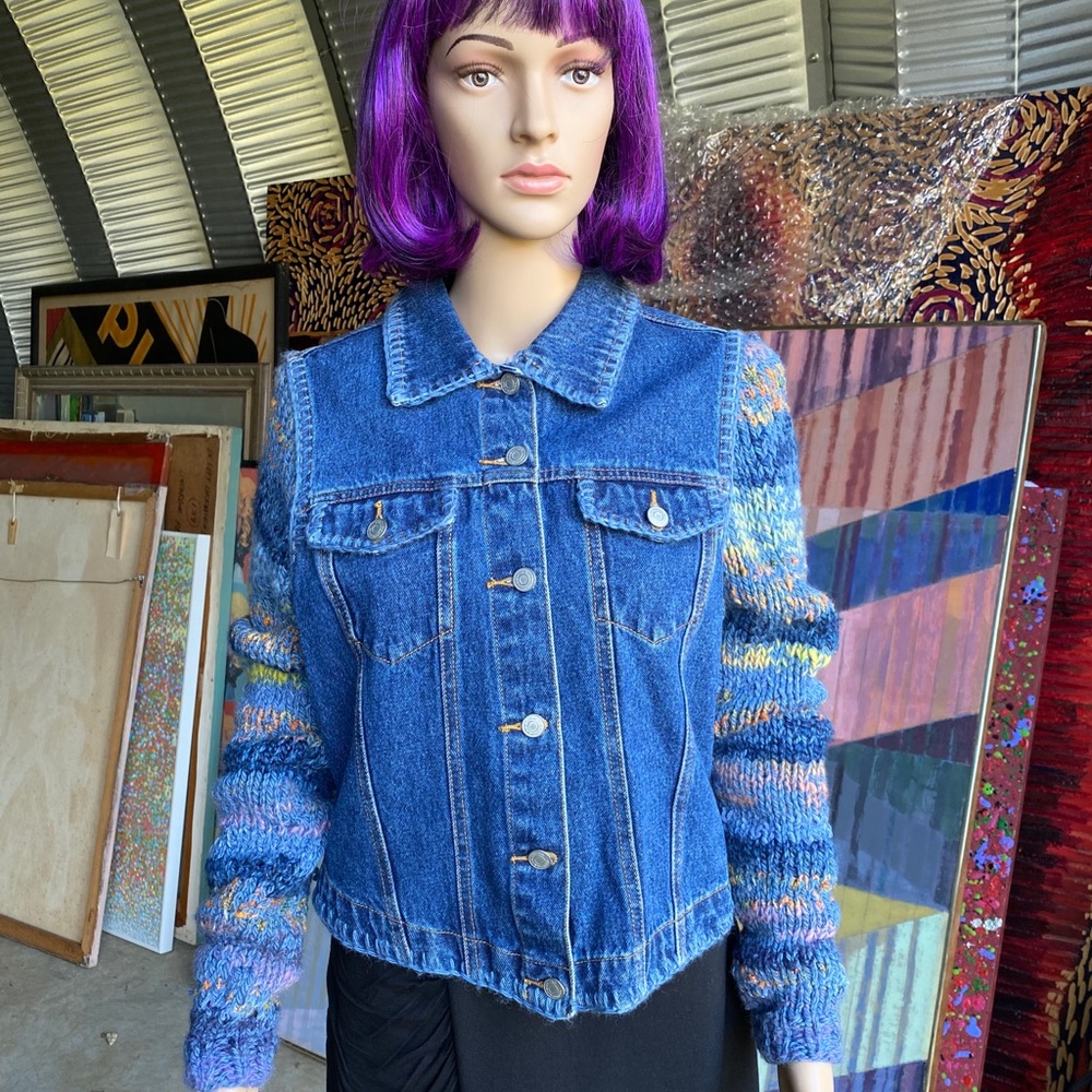 Designer Denim Jean Jacket with Hand Knit Sleeves